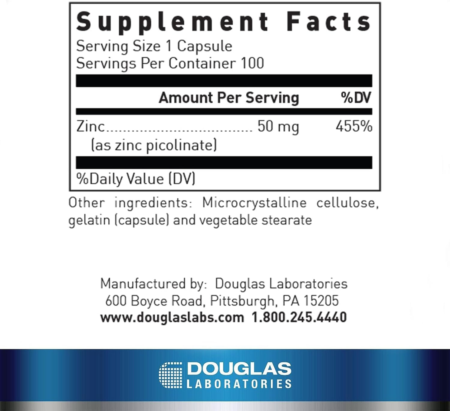 Supplement facts for a bottle of Douglas Labs Zinc Picolinate dietary supplement
