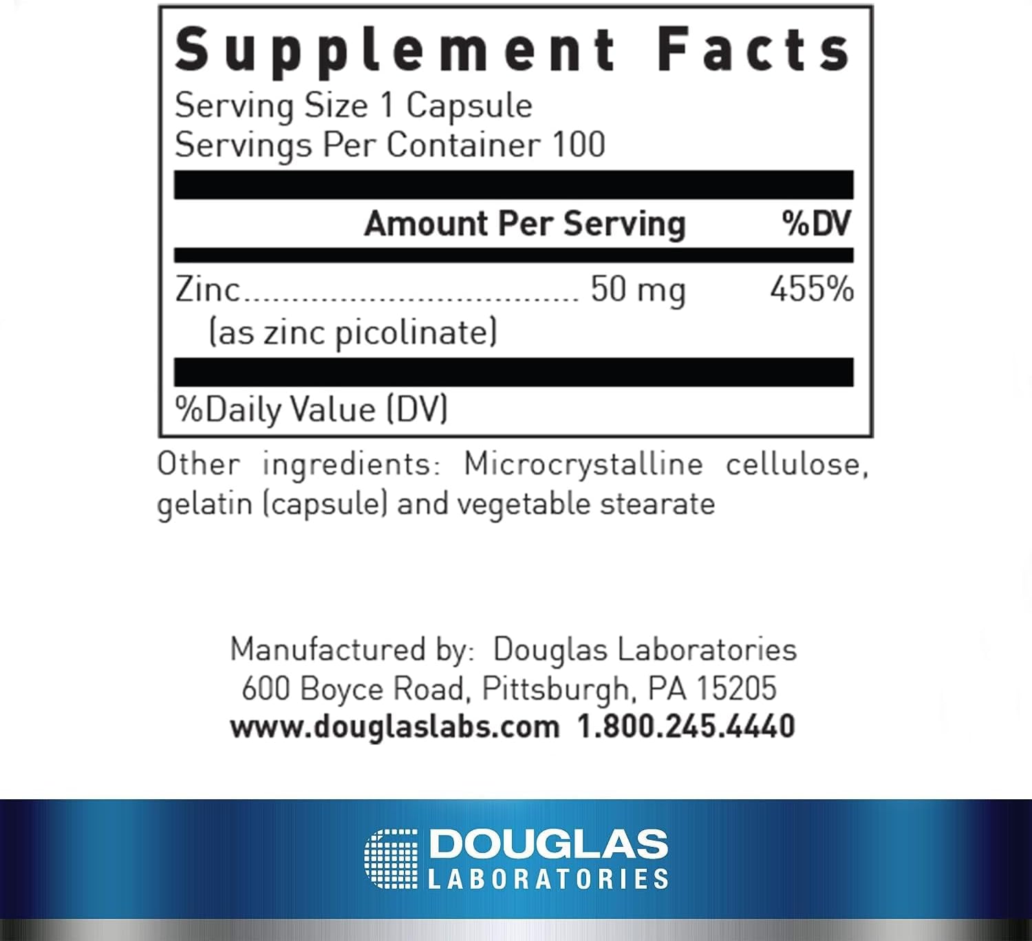 Supplement facts for a bottle of Douglas Labs Zinc Picolinate dietary supplement