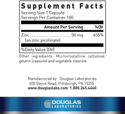 Supplement facts for a bottle of Douglas Labs Zinc Picolinate dietary supplement